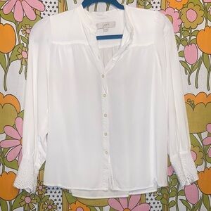 LOFT Petites White Button-Up Blouse with Lace Cuffs